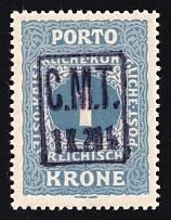 1919 1.20kr on 1kr Romanian Occupation of Kolomyia CMT, Ukraine (Kramarenko 42, DOUBLE Overprint, Certificate)