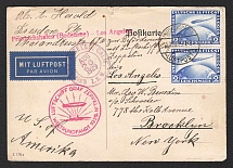 1929 (15 Aug) Germany, Graf Zeppelin airship airmail postcard from Friedrichshafen to Brooklyn (United States) via Los Angeles, World Tour 1929 1st Flight 'Friedrichshafen - Los Angeles' (Sieger 30 Ab, CV $190)