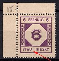1945 6pf Niesky (Oberlausitz), Germany Local Post (Mi. 5 I, Broken 2nd 'T' in 'STADT', Print Error, Corner Margins, CV $160, MNH)