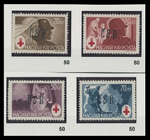 Carpatho - Ukraine - Mukachevo Postage Stamps and Postal History - 1944, Red Cross issue, black handstamped overprints ''CSR'' on 20+20f - 70+70f, complete set of four, the high value with gum wrinkle, still full OG, NH, VF, …