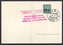 1938 (Sept 30) Postcard shipped from ASCH. Big eagle red and undamaged postmark, on stamp with local surcharge. Occupation of Sudetenland, Germany