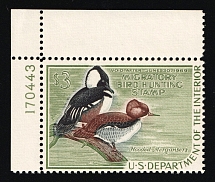 1968 $3 Duck Hunt Permit Stamp, United States (Sc. RW-35, Plate Number, Corner Margins, CV $70, MNH)