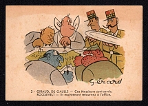 'These Gentlemen are Served.', France, WWII Anti-Germany Propaganda, Giraud de Gaulle Roosevelt Churchill Caricatures, Postal Card, Mint
