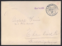 1938 (Sept 22) Letter posted in RUMBURG (Rymburk). Provisional stamp with date of release and swastika. Addressed to EBERSBACH. Occupation of Sudetenland, Germany