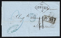 1865 Foreign letter from Odessa to Marseille via Prussia, mail cars of Prussia and France