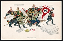 1942 'The Map Maker', WWII Anti-Axis Propaganda, Hitler Tojo Mussolini Caricatures, Cartoon Illustration Postcard By Polish Artist Arthur Szyk, Mint