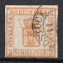 1856 3s Mecklenburg Schwerin, German States, Germany (Mi. 2 b, Used, CV $90)