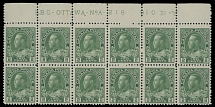 Canada - King George V ''Admiral'' issue - 1923, 2c green, dry printing, top margin plate No.A-216 block of 12, full OG, NH (10) or VLH, two NH and 2 hinged stamps with pre-printed paper folds, F/VF, C.v. $480++, Scott #107e…