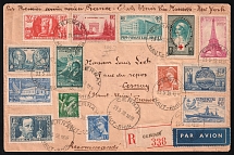 1939 France, First Flight, Registered Airmail cover, Cernay - Marseille - New York - Cernay, franked by Mi. 376, 378, 394, 421, 431, 434, 435, 440, 441, 442, 443,  446, 448, 449