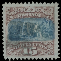 United States 1869, Landing of Columbus, 15c brown and blue, G grill, nice margins and beautiful centering, neat cancellation, VF, PF certificate, C.v. $850, Est. …
