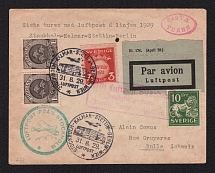 1929 (31 Aug) Sweden Airmail cover from Stockholm to Bulle (Switzerland) with special airmail handstamp of Stockholm and Berlin and special airmail postmark route Stockholm - Kalmar - Stetti