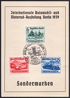1939 (17 Feb) International Automobile and Motorbike Exhibition in Berlin, Third Reich, Germany, FDC Souvenir Sheet franked with full set of Mi. 686 - 688 (CV $90)