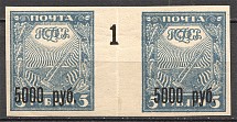 1922 RSFSR 5000 Rub, Gutter-Pair (Plate Number `1`, MNH)