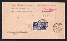 1931 (16 Jun) Uruguay Official Airmail cover from Montevideo to Vienna to Consul of Uruguay in Austria with special handstamp and perforated official stamp