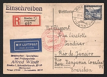 1937 (30 Apr) Germany, Graf Zeppelin airship Registered airmail postcard from Breslau to Rio de Janeiro (Brazil), German flight 'Friedrichshafen - Rio de Janeiro' (Sieger 382 A, CV $130)