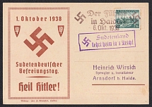 1938 (Oct 6) Regional postcard for the liberation of the country Sudetenland. Posted locally in HAIDA. Signature of the Fuhrer's visit with date and purple postmark 'The Sudetengau returns to the Reich'. Occupation of Sudetenland, Germany