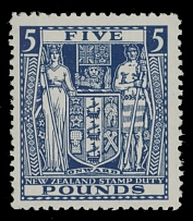 British Commonwealth - New Zealand - Postal Fiscal stamps - 1950, Coat of Arms, £5 indigo blue, inverted Multiple Star and NZ watermark, full OG, NH, VF, SG #F211, £425, Scott #AR94 var…