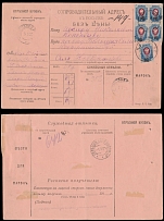 Russian Locals of the Civil War period - Kustanay - 1920, parcel card from Kustanay to Bol'shie Soli (Kostroma Gub.), franked by five stamps with black handstamped surcharge ''rub'' on 20k blue and red, including block of four, …