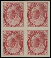 Canada - 1899, Queen Victoria Numeral issue, 2c carmine, die I, imperforated block of four printed on horizontally (!) wove paper, no gum as produced, NH, VF, Unitrade …