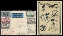 Worldwide Air Post Stamps and Postal History - Belgium - 1935 (February 9-23), Inauguration Sabena Round Flight to Leopoldville, postcard with mixed franking of 2 Belgian and 3 Belgian Congo air post values, appropriate …