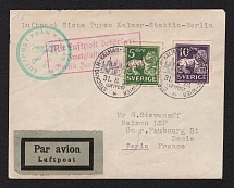 1929 (31 Jun) Sweden, Airmail cover from Stockholm to Paris (France), Flight Stockholm - Kalmar - Stettin - Berlin - Vienna with two airmail handstamp