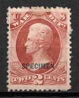1875 2c Jackson, Special Printing 'Specimen' on Official Mail Stamp 'War', United States, USA (Scott O84S, Deep Rose, Blue Overprint, CV $130)