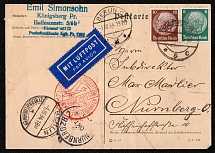 1934 Third Reich, Germany, Postcard Konigsberg - Nuremberg, Airmail