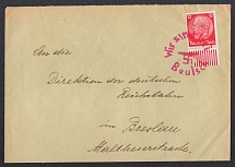 1938 (Oct ) Letter with red local provisional postmark of BAUTSCH (Budisov). Addressed to BRESLAU. Occupation of Sudetenland, Germany