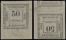 French Colonies - Guadeloupe - 1884, imperforate proof of 50c in black, bottom margin single printed on both sides (upside down on reverse) of gray granite paper, no gum as produced, minor soiling, still VF and very rare, pencil …