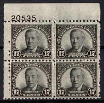 1925 17c W.Wilson, Regular Issue, United States, USA, Corner Block of Four (Scott 623, Plate Number '20535', CV $120, MNH/MLH)