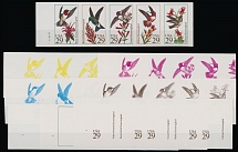 United States - Modern Errors and Varieties - 1992, Hummingbirds 29c in se-tenant strip of five, 8 imperforate stage proof strips in yellow, magenta, blue, brown (birds), brown (USA and 29c), green and orange frames and complete …