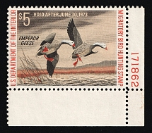 1972 $5 Duck Hunt Permit Stamp, United States (Sc. RW-39, Plate Number, Corner Margins, CV $30, MNH)
