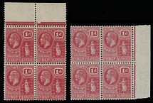 British Commonwealth - Virgin Islands - 1928, King George V, 1p scarlet, color variety, top sheet margin block of four on paper with Multiple Script CA watermark, full OG, NH, VF a common block in rose red is included, C.v. …