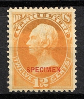 1875 12c Clay, Special Printing 'Specimen' on Official Mail Stamp 'Agriculture', United States, USA (Scott O6S, Yellow, Carmine Overprint, CV $400)