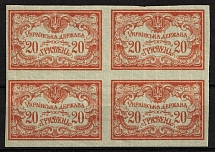 1919 20hrn Ukrainian Peoples Republic, Ukraine, Block of Four (Kr. 48, Full Set, CV $230, MNH)