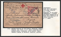 1916 Return Portion of Trilingual (Russian, German, French) Red Cross P.O.W. Reply Postcard postmarked Papuz, Simbirsk, with Kachim, Penza, Transit Cancel to Wojnicz, Galacia, Austria. Censorship: dark blue rectangle (55 x 22 mm) reading in 3 lines