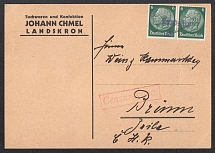 1938 (Oct 24) Postcard with provisional postmark of LANDSKRON (Landskroun). Addressed to BRUNN . Czech Censorship. Occupation of Sudetenland, Germany