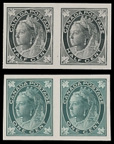 Canada - Queen Victoria ''Maple Leaf'' issue - 1897, plate proofs of ½c in black and 1c in blue green, two horizontal imperforate pairs on India paper mounted on cards, no gum as produced, VF, Unitrade C.v. CAD$580++, Scott #66-67…