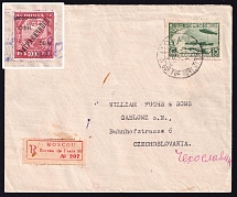 1934 (10 Sep) USSR Russia Registered cover from Moscow to Gablonz, paying 35k and 50k Foreign Philatelic Exchange surcharge on back