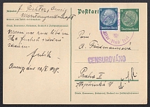 1938 (Oct 12) Card with provisional round stamp of AUSSIG (Usti nad LEbem). Addressed to PRAGUE. Czech Censorship label. Occupation of Sudetenland, Germany