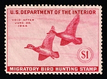 1943 $1 Duck Hunt Permit Stamp, United States (Sc. RW-10, CV $60)
