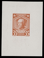 Imperial Russia - Romanov Dynasty issue - 1913, Paul I, die proof of 35k in deep orange, printed on chalk-surfaced thick paper, size 48x63mm, no gum as produced, very light trace of hinge, VF and scarce, Est. $800-$900, Scott #98…
