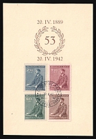 1942 (20 Apr) Commemorative Adolf Hitler's 53rd Birthday, Bohemia and Moravia, Germany, First Day Cover from Oderberg to Praha, Souvenir Sheet (Mi. 85 - 88, Full Set, Special Cancellation)