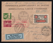 1928 Switzerland Geneve special pmk INTERNATIONAL LABOUR CONFERENCE Air Mail cover via Zurich and Berlin Germany to Nagoya Japan