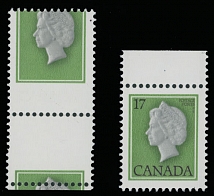 Canada - Modern Errors and Varieties - 1979, Queen Elizabeth II, (17c) green, a single with black color omitted and horizontal perforation shifted to the bottom, pin-point marginal inclusion at top right, full OG, NH, VF and very …