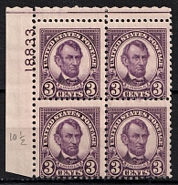 1923 3c Lincoln, Regular Issue, United States, USA, Corner Block of Four (Scott 555, Plate Number '18833', CV $60, MNH)