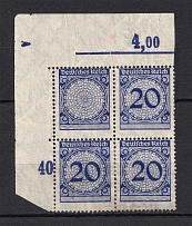 1923 20pf Third Reich, Germany (MISSED Value, Print Error, Mi. 341 I, Corner Margins, Block of Four, Signed, CV $260)
