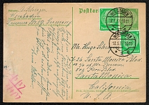 1937 Postcard P 225 additionally franked with two copies of Scott 416 Sent to the Santa Monica, California