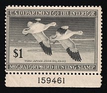 1947 $1 Duck Hunt Permit Stamp, United States (Sc. RW-14, Plate Number, CV $60, MNH)
