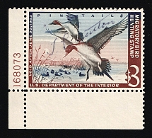 1962 $3 Duck Hunt Permit Stamp, United States (Sc. RW-29, Plate Number, Corner Margins, Canceled)